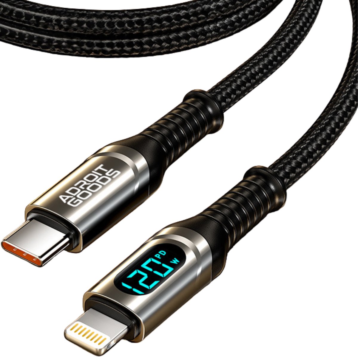 AdroitGoods USB-C naar Kabel 120W Snellader met Display PD Fast Charge Nylon Gevlochten Data Kabel Geschikt voor apple ipad lightning - Zwart 2 m