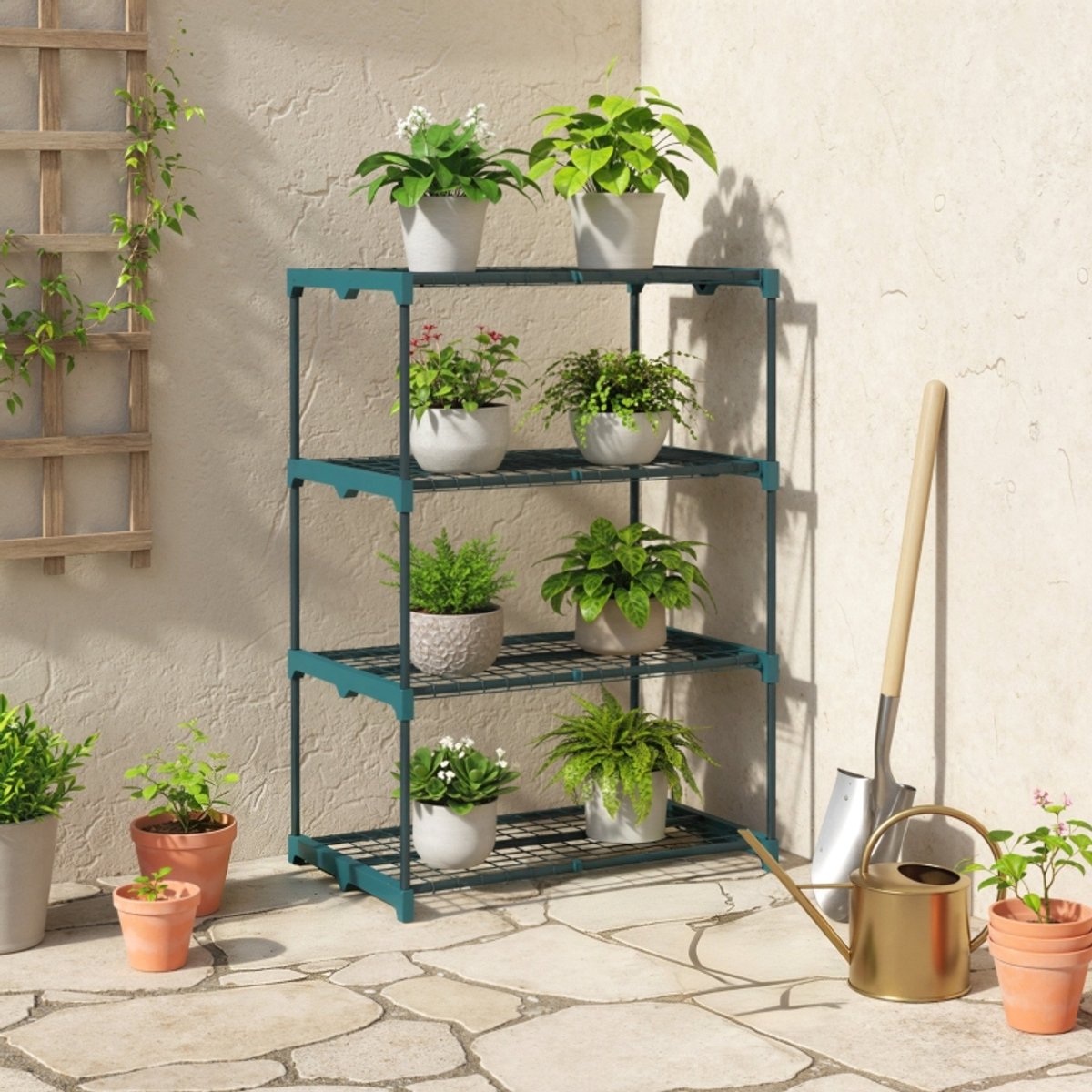 COVREO Plantenrek 67x49x105 cm - 4 etages, staal met kunststof verbindingsstukken, donkergroen