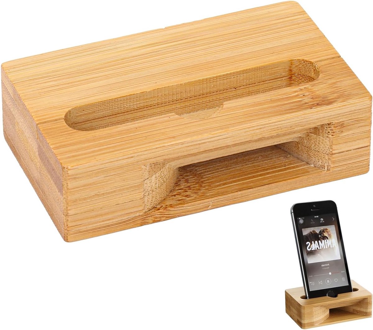 Elegante Houten Telefoonhouder met Ingebouwde Speaker, Praktische Houder voor Smartphone, Ideaal voor Thuis, Kantoor en Reizen, Perfecte Geluidskwaliteit en Stijlvol Ontwerp