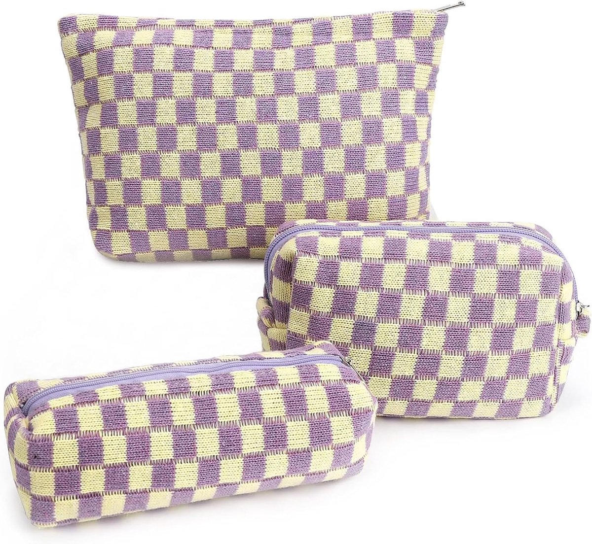 SnelShoppen - Cosmetic Bag met Rits 3 Stuks - Draagbare Toilettas Makeup Tas - 3 Maten - Multifunctionele Cosmetica Tas voor Vrouwen - Paarse Ruitpatr