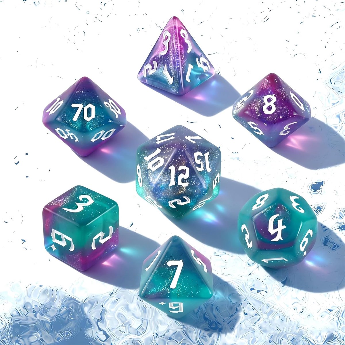 SnelShoppen - DND Dice Set 7 Stuks Polyhedral Dobbelstenen voor Role Playing Games, Pathfinder, Bordspellen, Groene-Paarse Kleur, Inclusief Dobbelzak