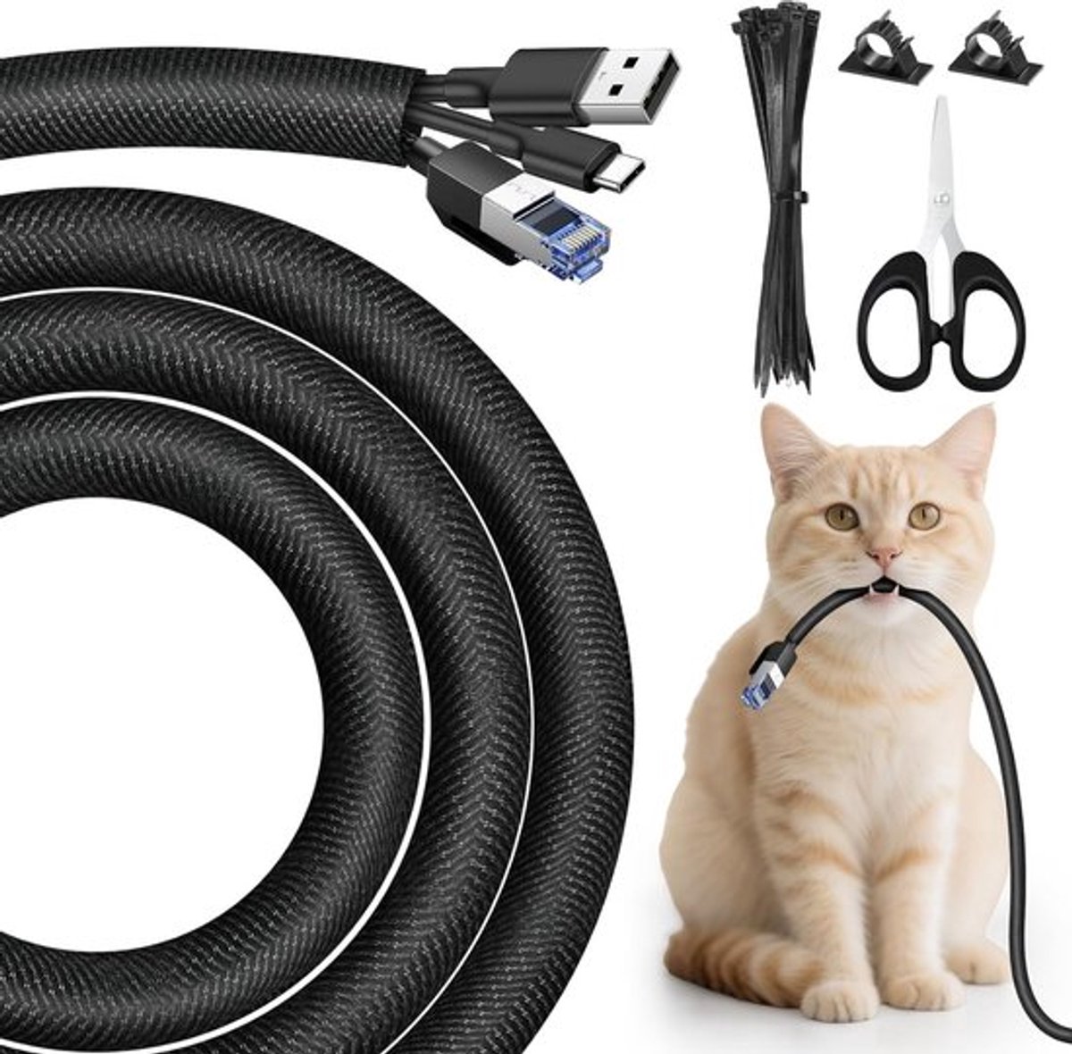 Kabelmantel 3m - 14 Stuks - Zwart - Geweven - Flexibel - Expandable - Kabelkanaal - PC Kantoor Bioscoop - Bescherming Hond Kat tegen Kauwkabels