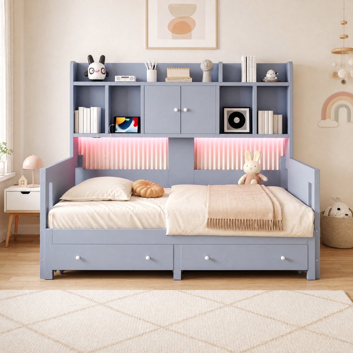 Slaapbank 90x190 cm - Uitschuifbaar Met Laden, Opbergruimte, Stopcontact en LED - Zonder Matras - Hout en MDF - Grijs