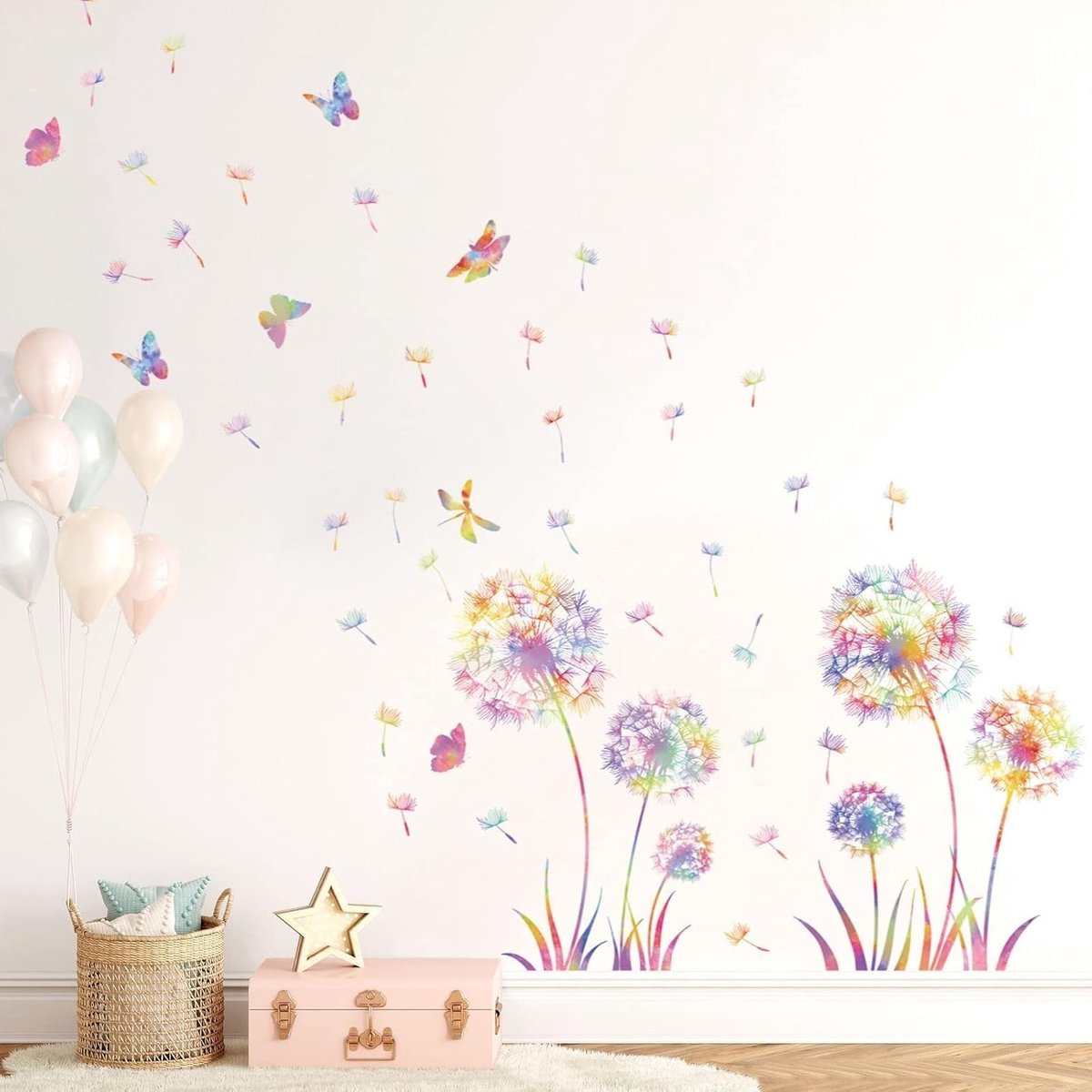 Kleurvolle Dandelion Muursticker voor Kinderkamer, Bloemen Wanddecoratie voor Slaapkamer en Woonkamer, Perfect voor Baby- en Meisjeskamers