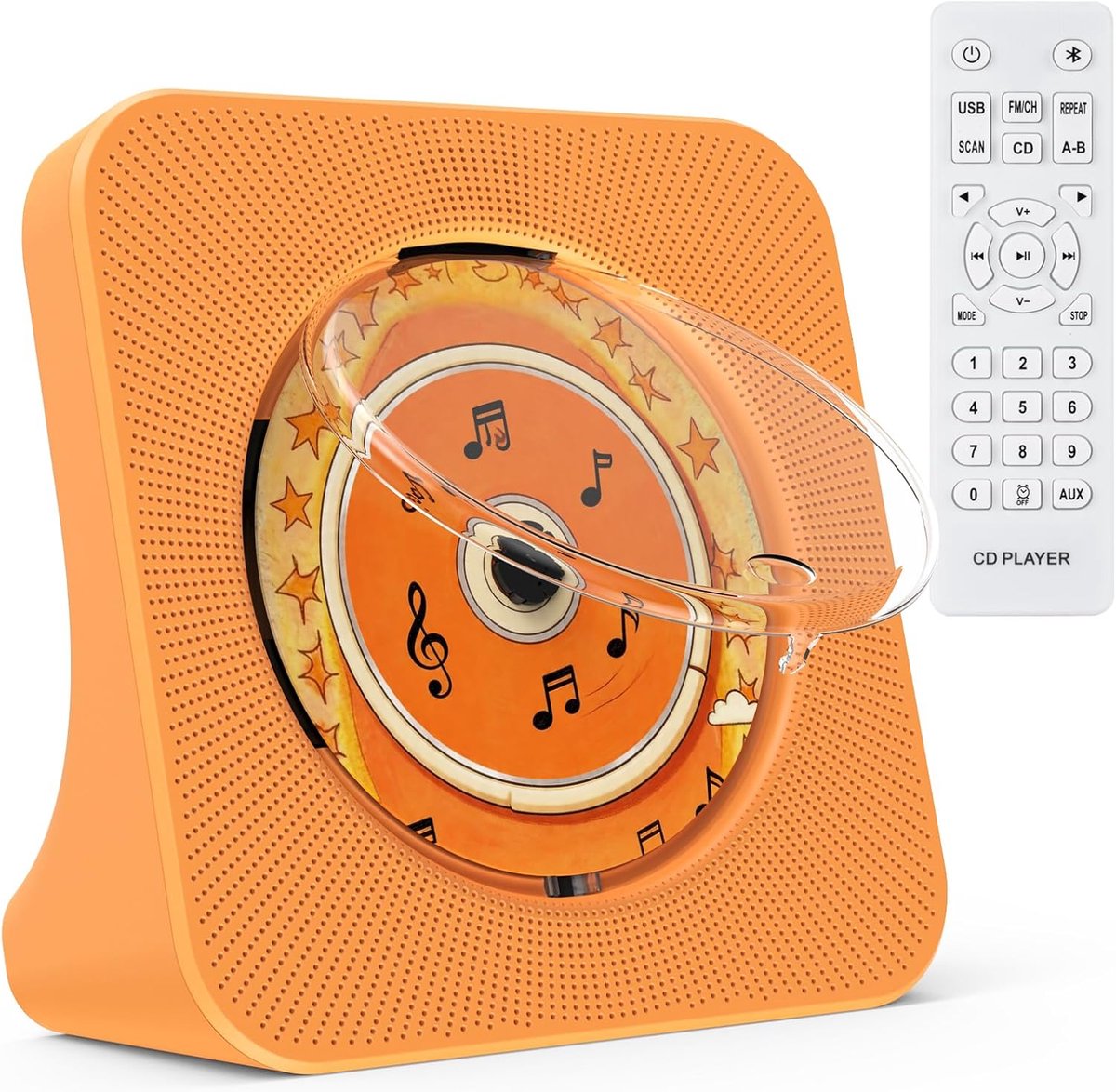 SnelShoppen - CD Speler voor Thuis met Bluetooth 5.0, Luidsprekers, Afstandsbediening, FM Radio, USB, AUX, Hoofdtelefoonpoort en Stofkap - Oranje