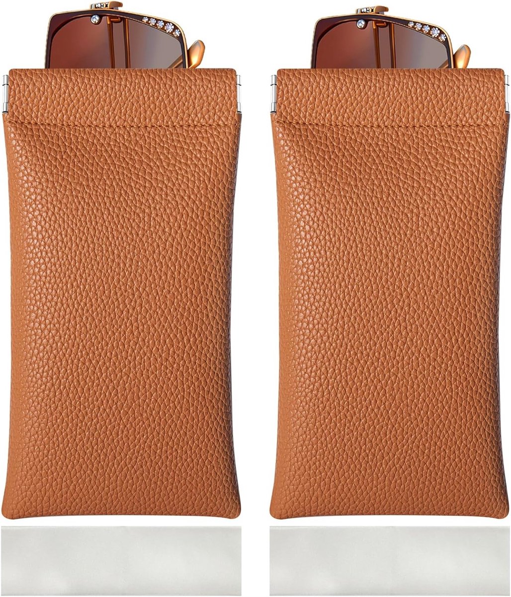 Set van 2 Draagbare Brilhoezen van Zacht PU Leer met Knijpsluiting en Schoonmaakdoek voor Mannen en Vrouwen - Ideaal voor Reizen en Bescherming van Je Bril