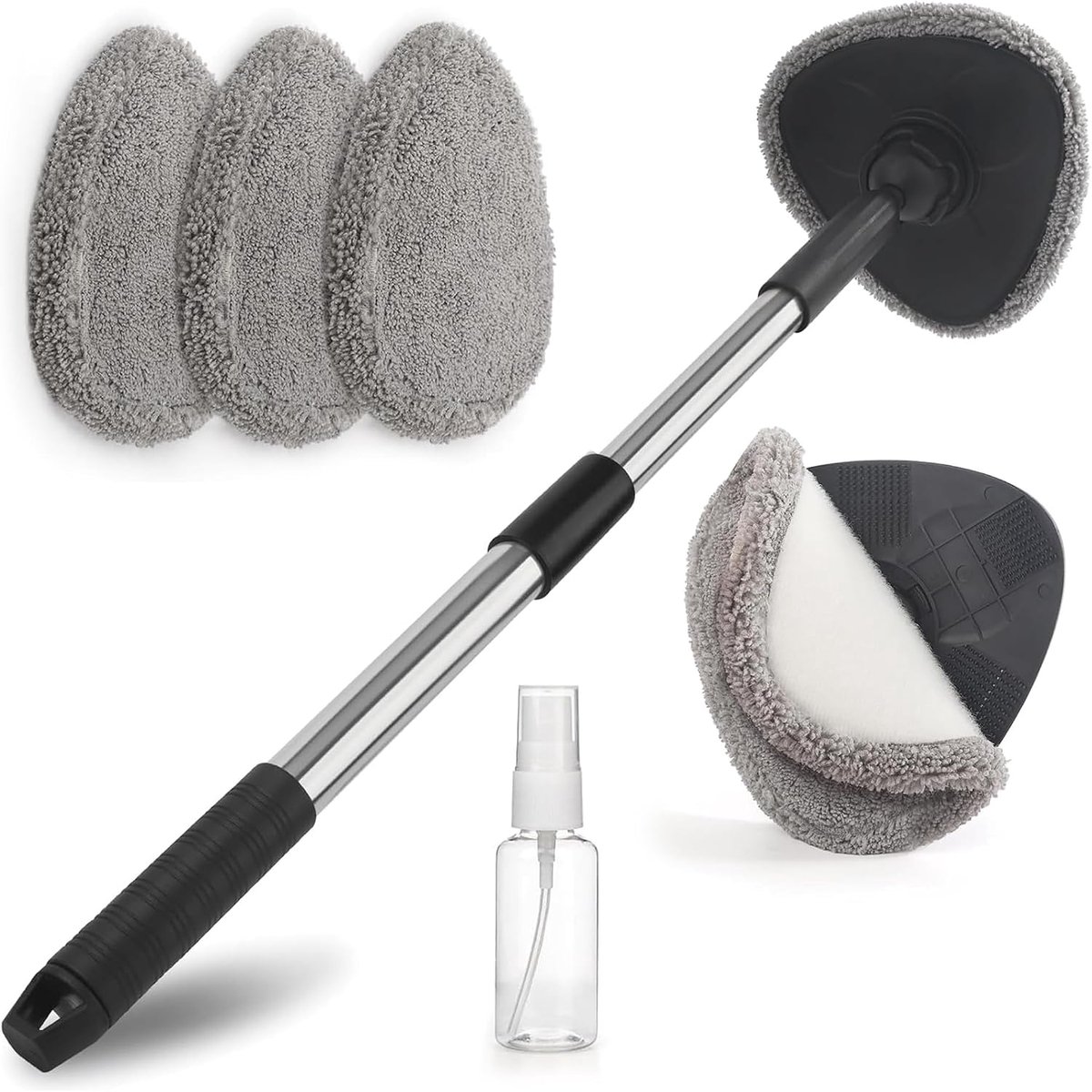 SnelShoppen - Windscreen Cleaner met Uitschuifbare Handgreep (46-62 cm) en 3 Microvezeldoeken voor Streeploos Ramen Reinigen, 180° Verbinding Glasrein