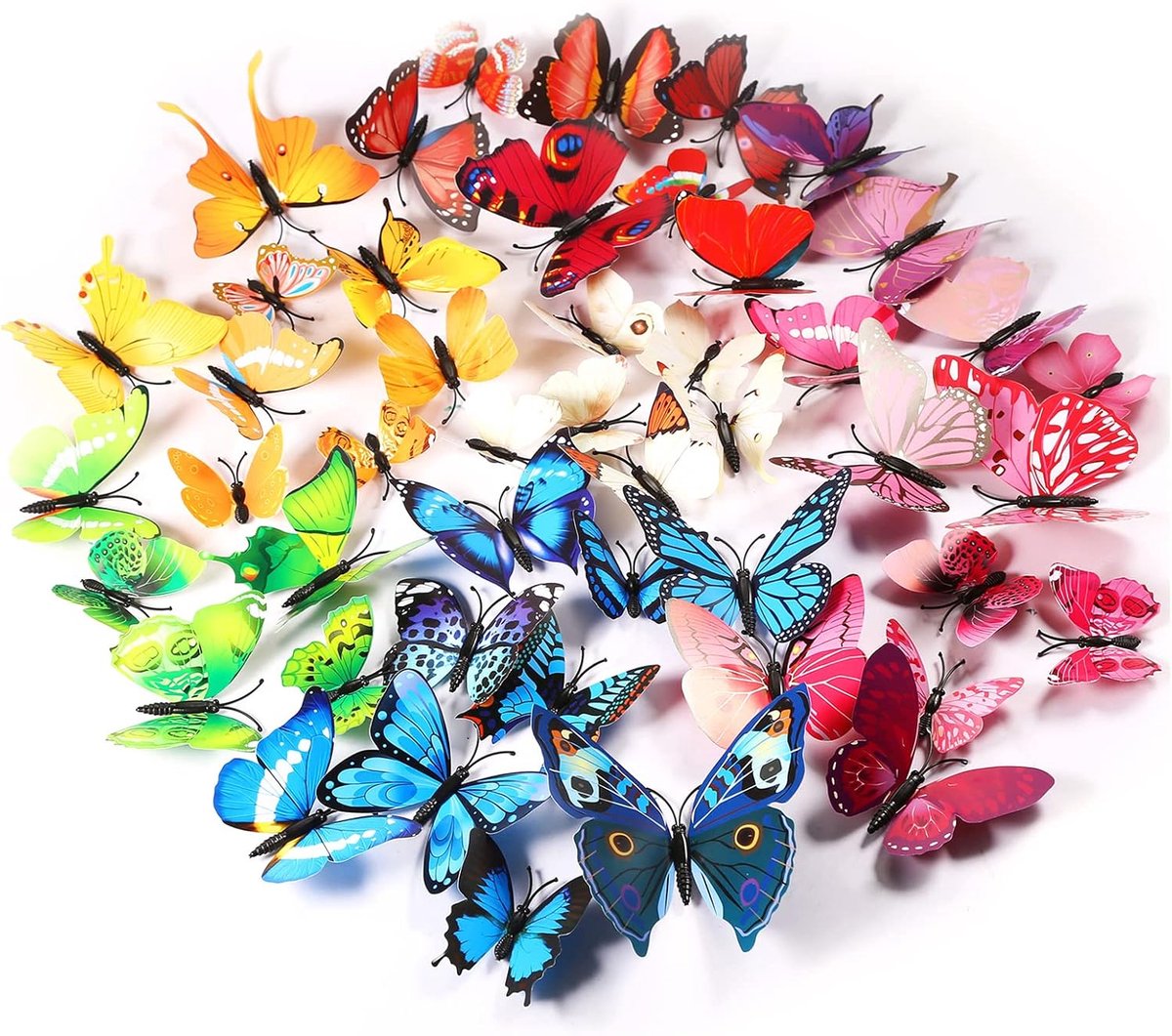 SnelShoppen - 72PCS 3D Vlinders Wanddecoratie Sticker, Schitterende Plastic Vlinderdecoraties, Makkelijk Toepasbaar, Kleurrijk (12 Blauw, 12 Kleurig,