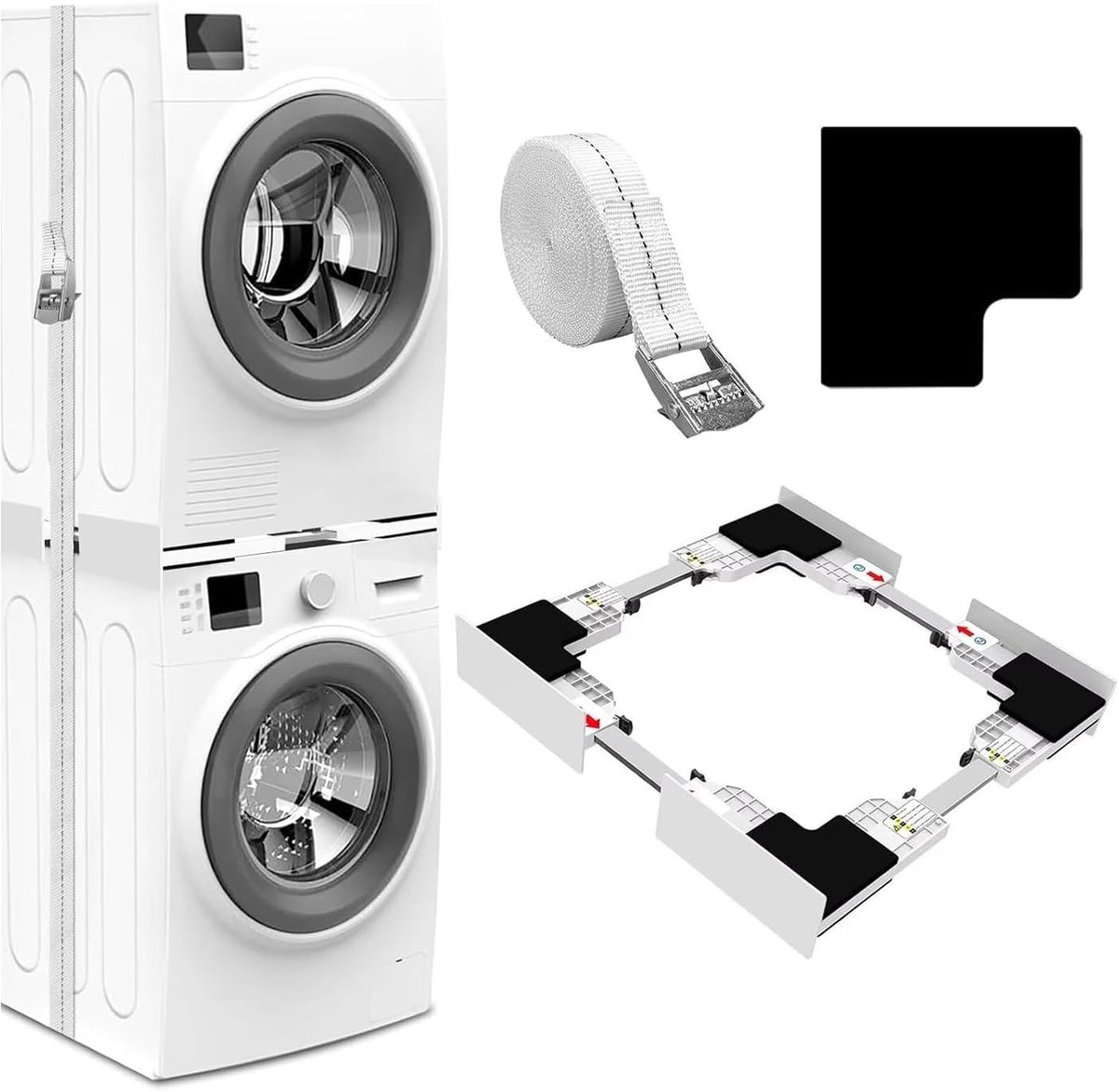 SnelShoppen - Wasmachine en Droger Stapelset 46-66 cm met Antislip Siliconen Pads, Eenvoudige Montage met Ratchet Strap, Ruimtebesparende Universele H