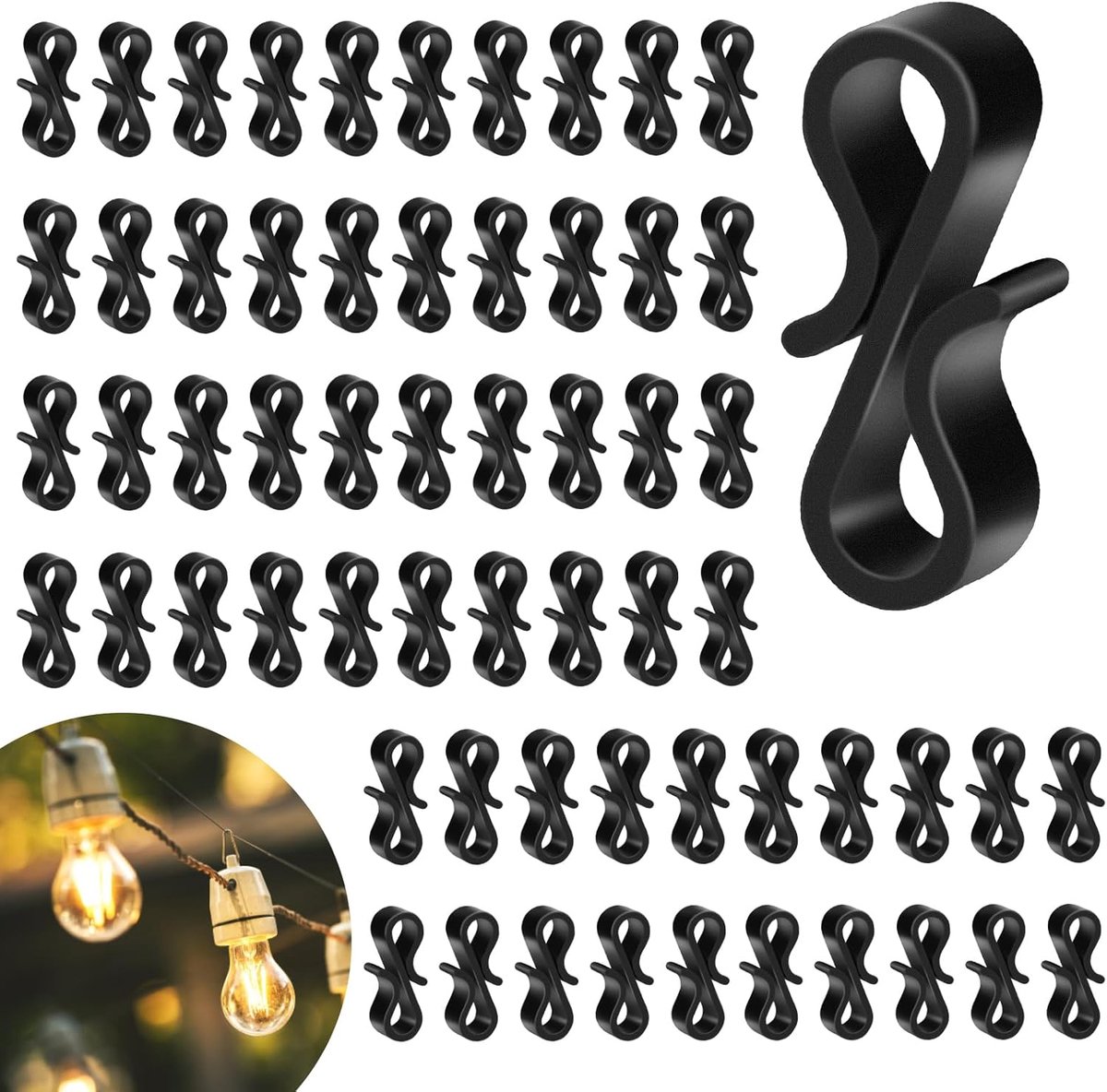 SnelShoppen - 120 Stuks Goot Haakjes voor Feestverlichting, Kerstlicht Clips voor Buiten, Plastic S-Haken voor Kerstverlichting, Zwart, Herbruikbaar e
