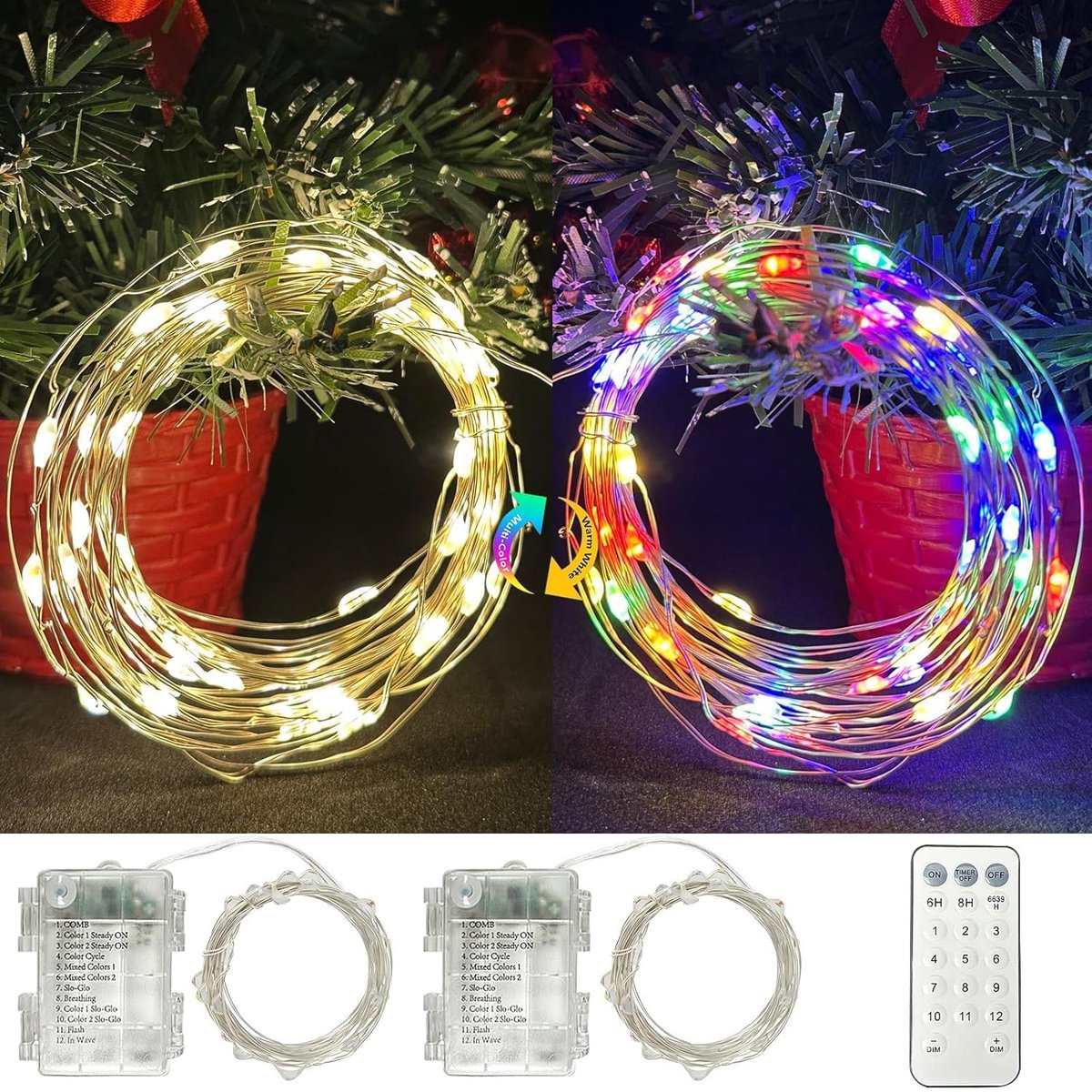 SnelShoppen - Battery Operated Fairy Lights Set van 2, 100 LED's Warm Wit + Kleurrijk, 10 m, 12 Modes, Dimbaar, Lichtketting voor Binnen en Buiten, Zi