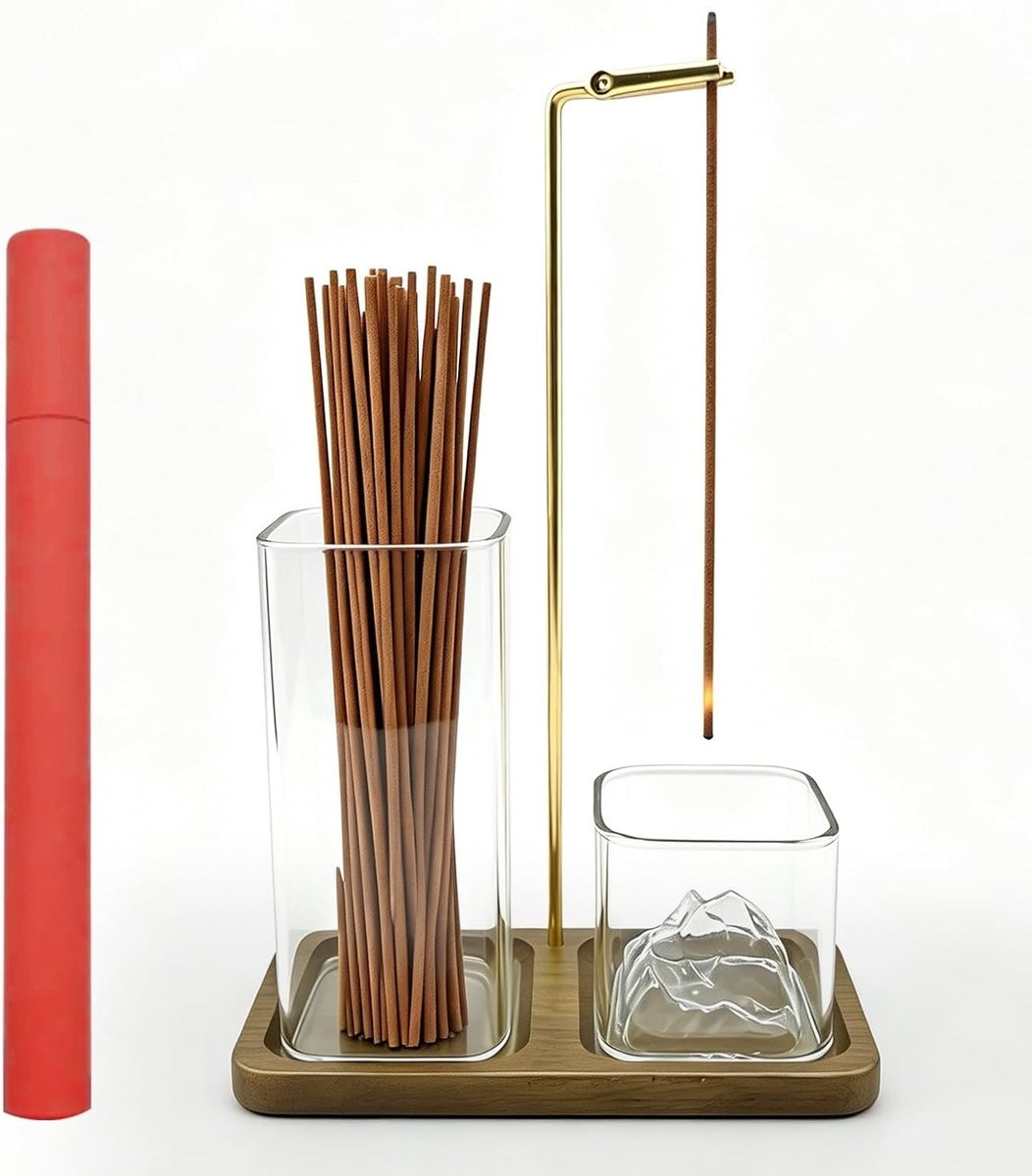 Wierookstokjeshouder 3-in-1 met omgedraaide houten basis, afneembare glazen asvanger en 40 geurige wierookstokjes voor meditatie, yoga en aromatherapie