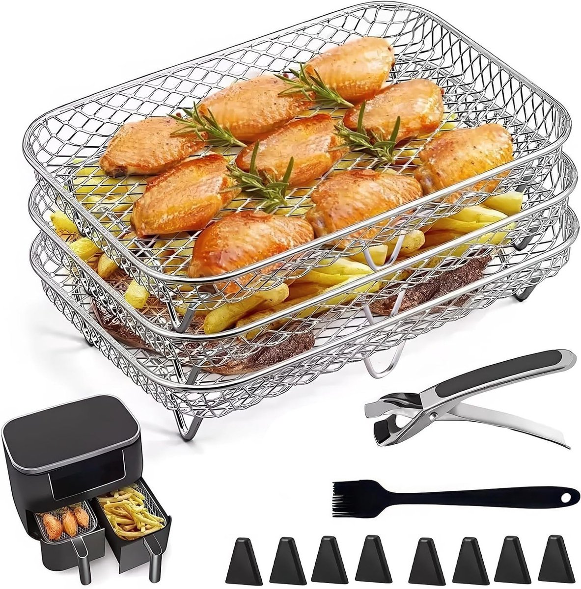Stapeltabletten voor Airfryer, 3-delige set van 304 roestvrij staal, perfect voor koken en bakken in oven en magnetron