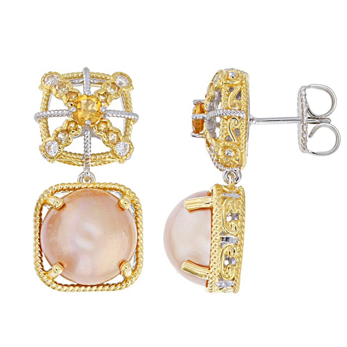 Cavill - Zilveren Oorbellen met Gouden Mabe Parels en Citrien - 925 Sterling Zilver Palladium - 1,22 ct. Edelstenen - Elegante Oorbellen Dames Cadeau