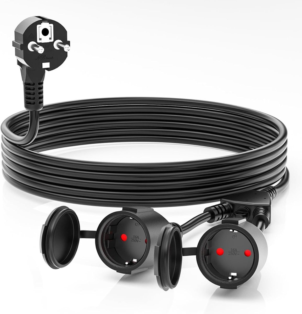 SnelShoppen - Outdoor Extension Cable 5 m met 2 Aardelektroden, IP44 Waterdicht, Dubbele Verlengkabel voor Buiten met 2 Stopcontacten, 16 A/250 V, Zwa