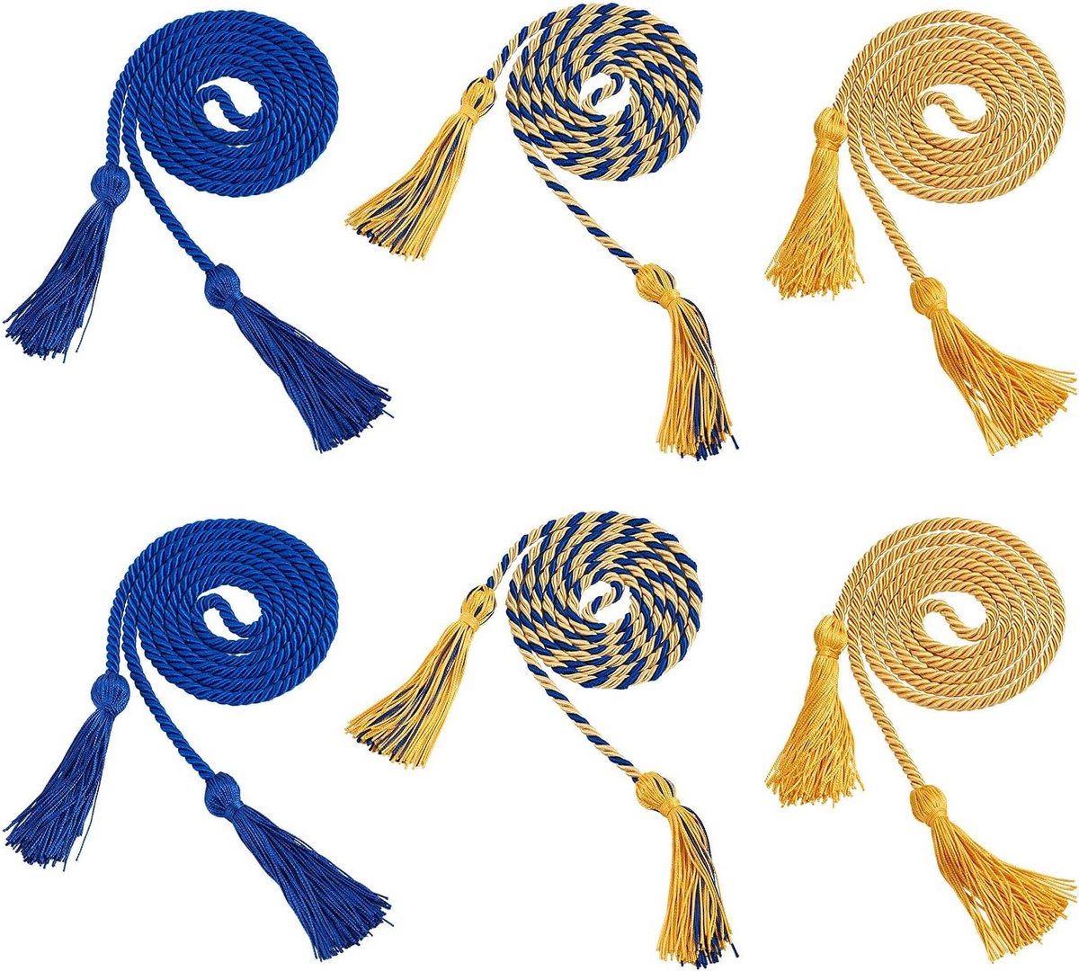 6 Stuks Afstudeer Eer Cord met Kwast 66'' Koninklijk Blauw Goud Dubbel Polyester Draad voor Afgestudeerden en Feestdecoratie