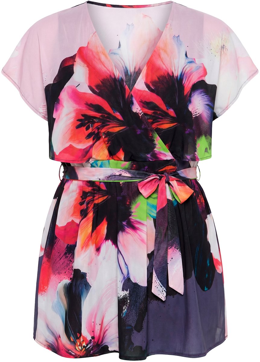 Ulla Popken - Dames - Tuniek chiffon overlay korte vleugelmouw - Aubergine - Maat 46+