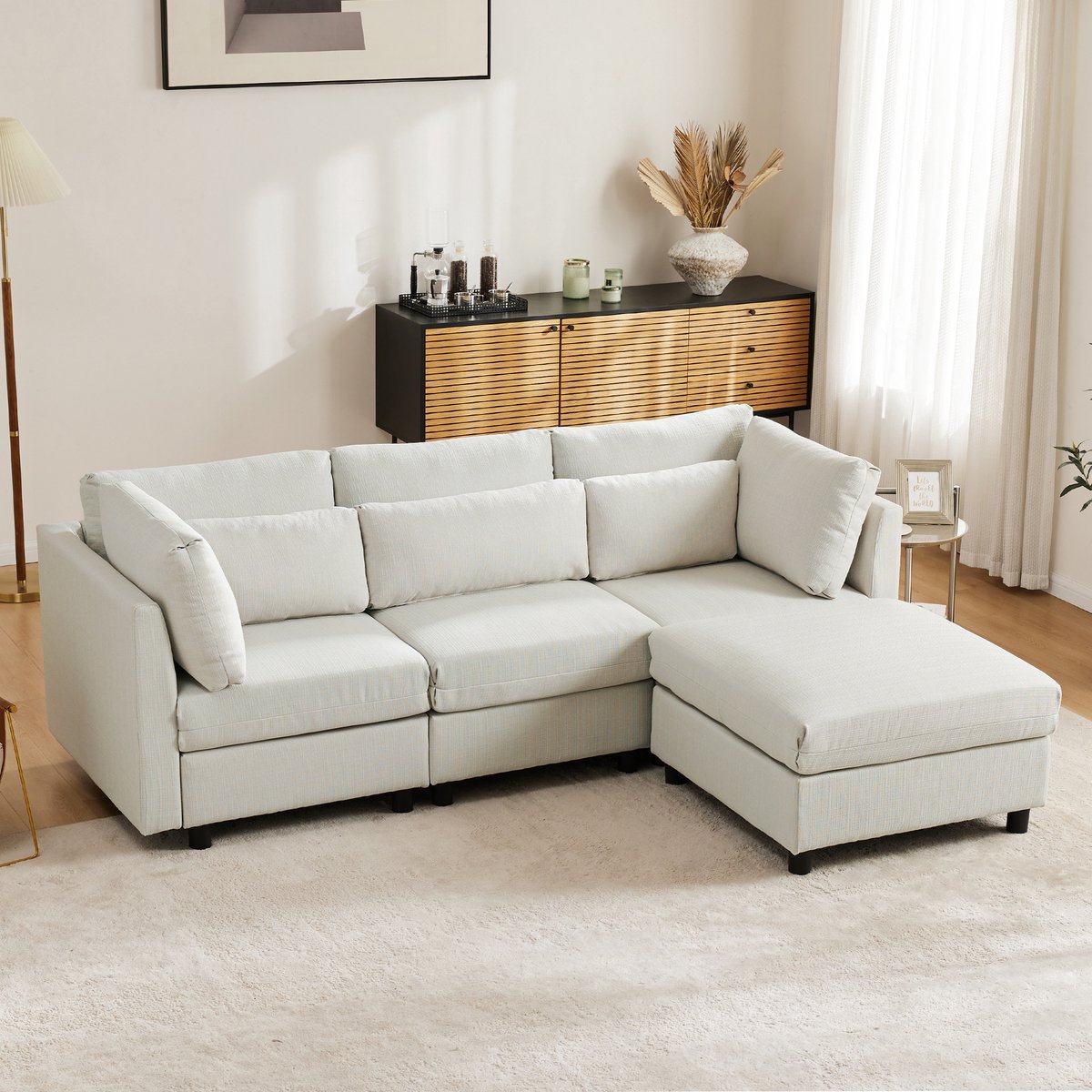 DESMIU Hoekbank 220 Cm - Met Verplaatsbare Voetenbank En Hoge Rugleuning - Voor Woonkamer - Linnen Beige