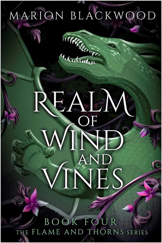 Couverture du livre Realm of Wind and Vines, avec un dragon vert et des fleurs violettes.