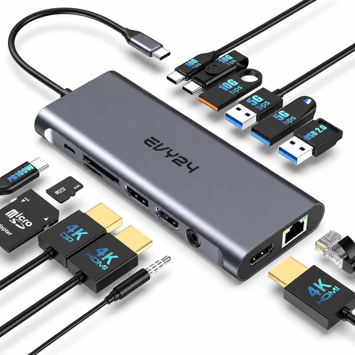 Evy24 USB C Hub 14-in-1 Docking Station - 4K HDMI & DisplayPort - USB 3.0 - 100W Power Delivery - 10Gbps USB-C - Gigabit Ethernet - SD/TF Kaartlezer - USB Hub voor MacBook, Laptop en Tablet