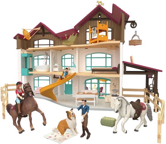 Schleich speelgoedhuis Lakeside Villa & Paddock met paarden, hond en figuren.
