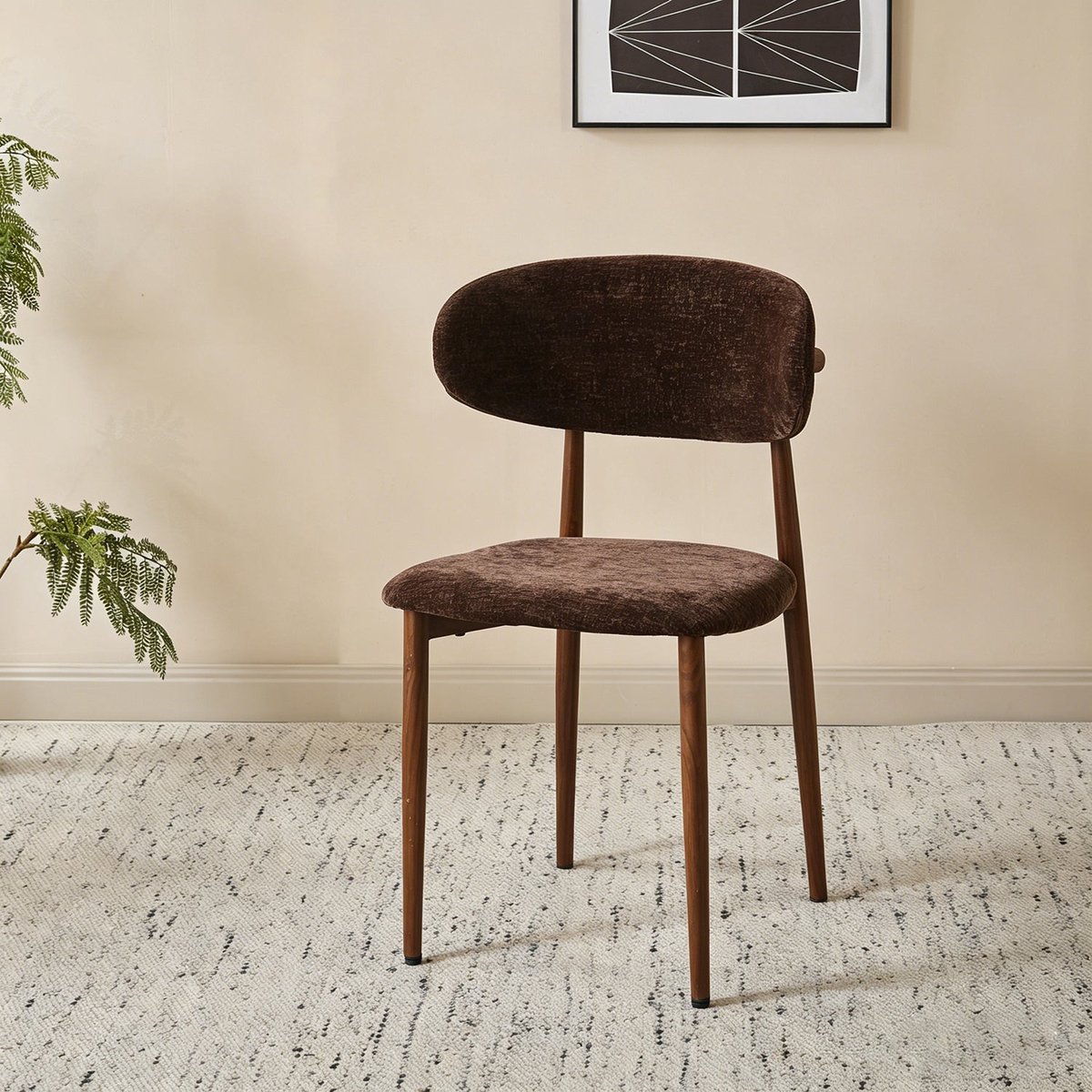 Lizzely Garden & Living Eetkamerstoel Japandi Reika donkerbruin velvet walnoot poten japanse stijl eetstoel zetel