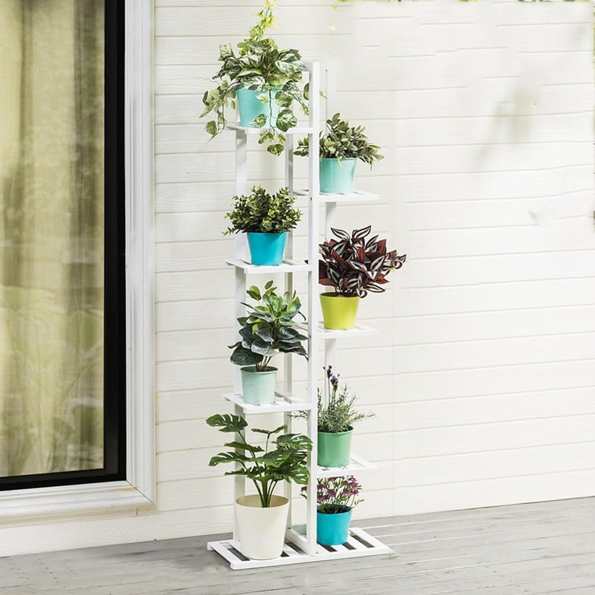 Bloemenstandaard - Plantenrek - Planten Decoreren - Natuurlijk Bamboe - 7 Lagen - Wit