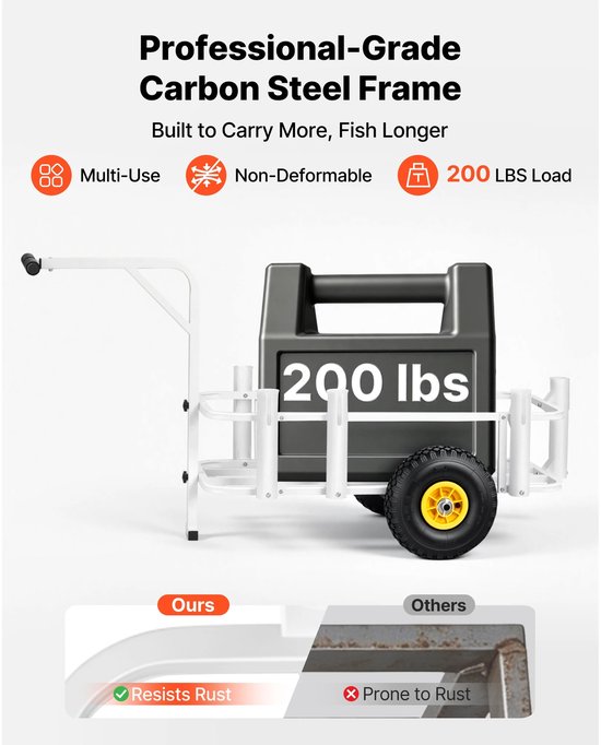 Solayne Viskar - Bolderkar - Strand transportkar - 2 rubber wielen - Draagvermogen tot 90 kg - Aluminium frame - 6 hengelhouders — afbeelding 3