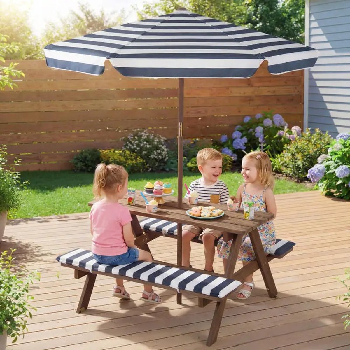 Dailygoods Fir Wood kinderpicknicktafel met 2 ingebouwde banken en parasol-marineblauw