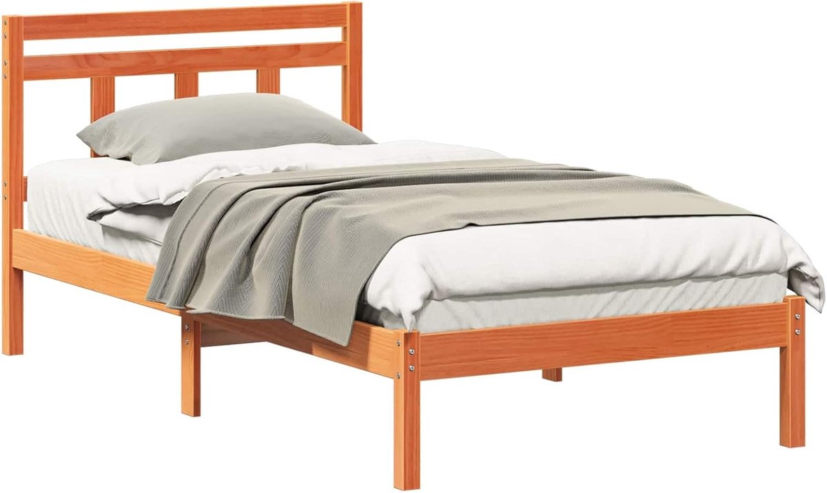 Bedframe Grenenhout - Eenpersoonsbed Hoofdeinde - Slaapkamer Inrichten - Massieve Constructie - 90 x 200 cm - Bruin
