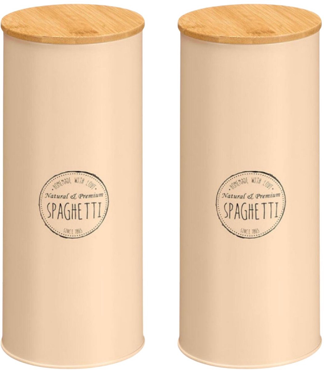 Kinvara Voorraadpot Essentials - 2x - keuken - spaghetti pasta - beige - 12 x 28 cm - metalen blik - bamboe deksel - luchtdicht
