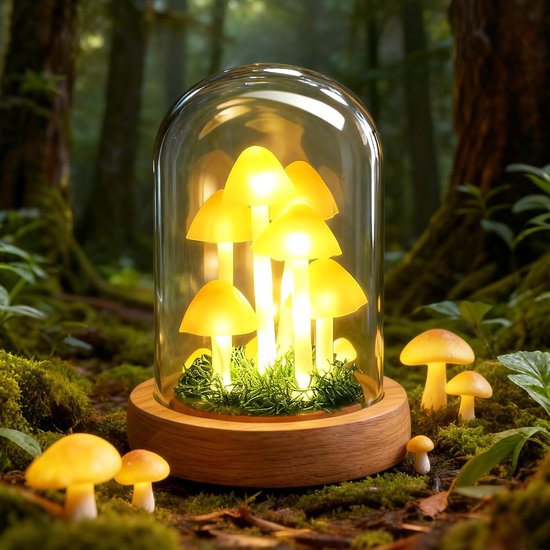 Paddenstoel Nachtlamp - Paddenstoel-Nachtlampje - Led-Nachtlampje - Paddenstoellamp met Glazen Stolp - Warmwit Ledlicht - Ideaal voor Kinderkamer & Slaapkamer - Baby & Kinderkamer Decoratie