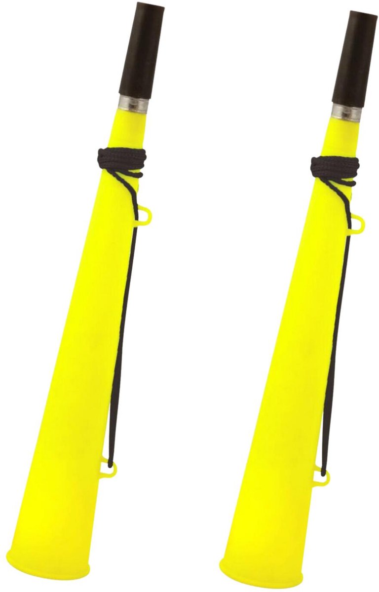 Henbrandt feest / party blaas toeters - set 2x stuks - neon geel - 37 cm - feestartikelen verjaardag - geluidmakers - hoorns - supporters
