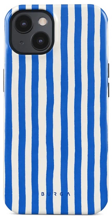Coque iPhone 14 à rayures bleues et blanches, avec le logo Burga en bas.