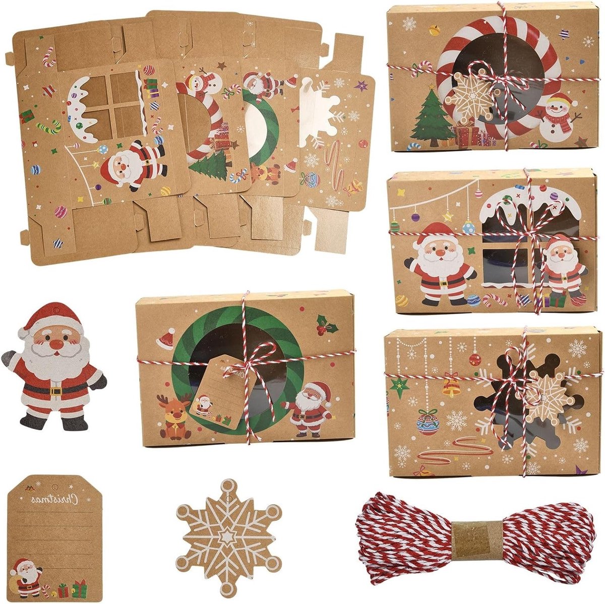 12 Stuks Geschenkdoos Set met Venster - 4 Stijlen Kraft Papier Dozen voor Kerst, Peperkoek en Snoep - Perfect voor Cadeauverpakking en Feestjes - 20.5x14x6cm