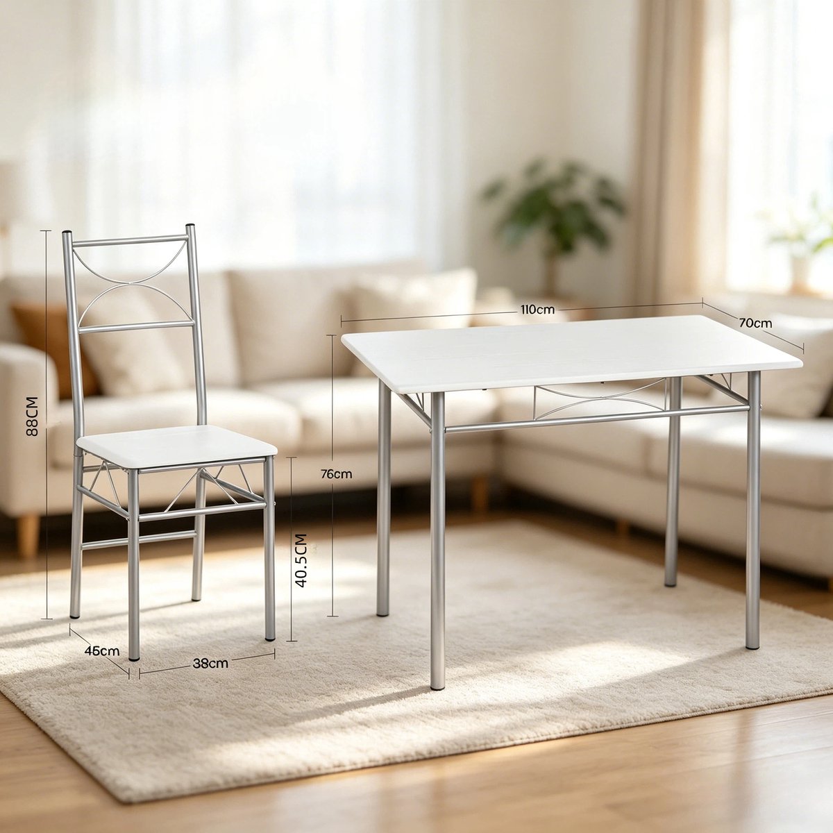 OKWISH Eethoek 110 x 76 x 70 cm - Set Met 4 Stoelen - Ruimtebesparend Voor Eetkamer, Balkon of Bistro - MDF - Wit Zilver