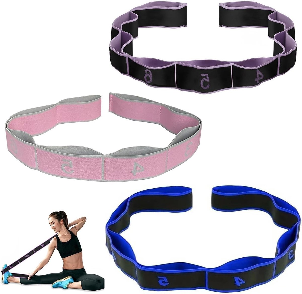 Drie Kleurige Elastische Yoga Bands van 90 cm - Oefenband voor Thuis, Revalidatie en Houding Verbetering met 8 Lussen