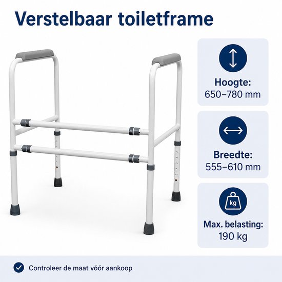 Verstelbaar toiletframe, wit met grijze armleuningen. Hoogte 650-780 mm, breedte 555-610 mm, max. 190 kg.