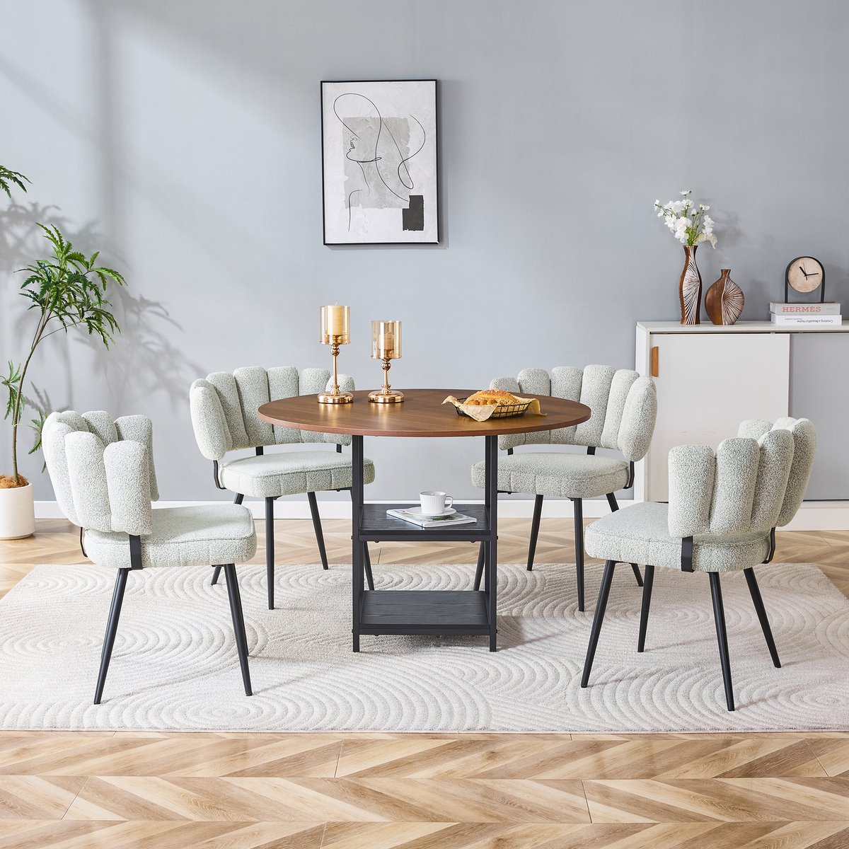 MODENUIT Eettafelset - Ronde Eettafel 107 cm Met 4 Stoelen - Dubbele Opberglagen - Eetkamer - MDF En Metaal - Lichtbeige Lichtbeige, Walnootkleur En Zwart