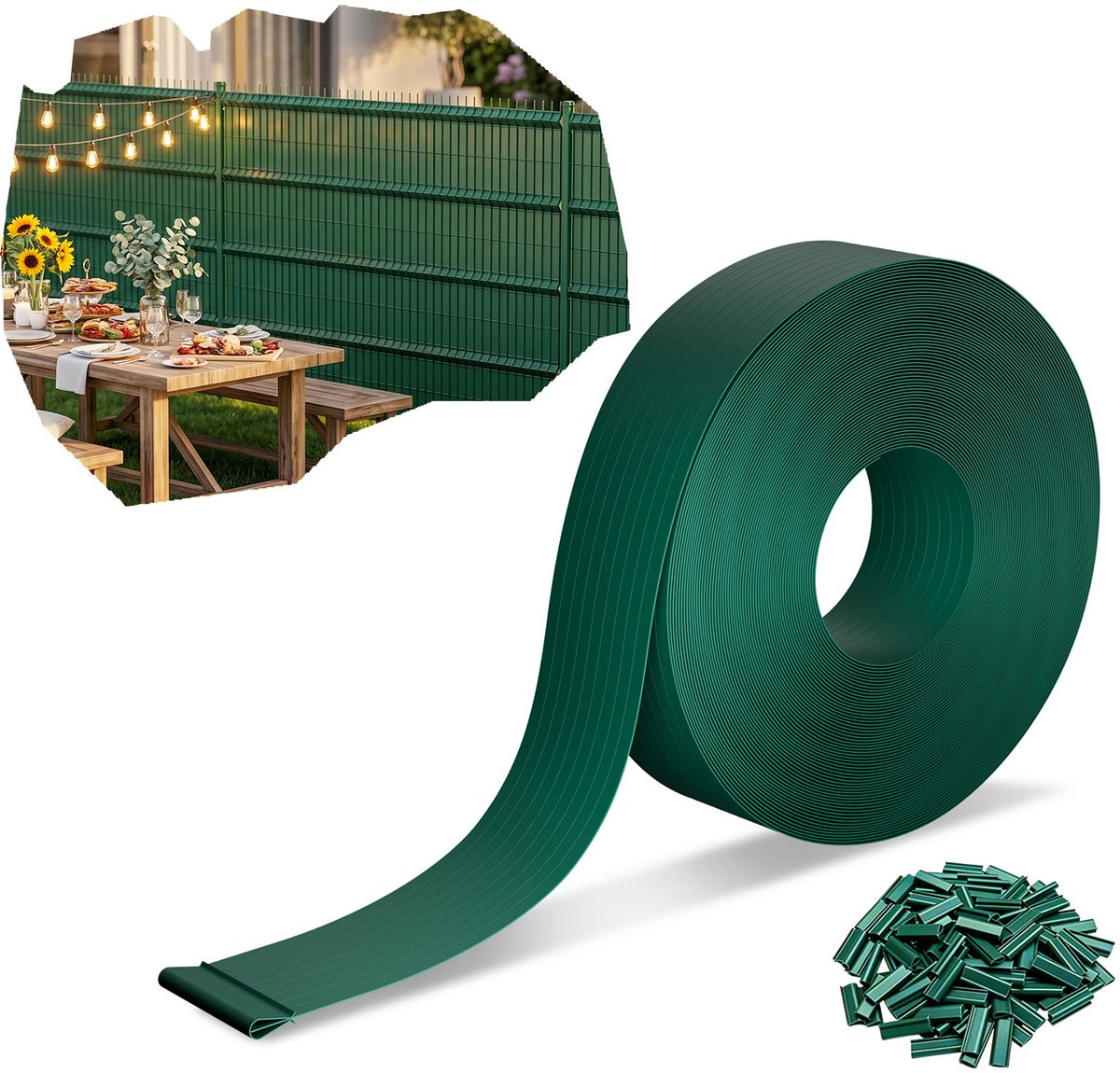 Froadp Groen 210 m premium PVC-privacystroken 4,7 cm voor dubbelstaafhekken, weerbestendig, UV-bestendig, scheurvast, ondoorzichtige windscherm voor tuin, balkon en terras, inclusief clips