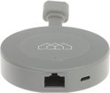 Grijze ronde dongle met wit huislogo, LAN-poort en micro-USB poort.