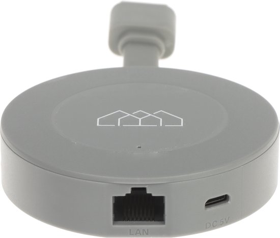 Grijze ronde dongle met wit huislogo, LAN-poort en micro-USB poort.