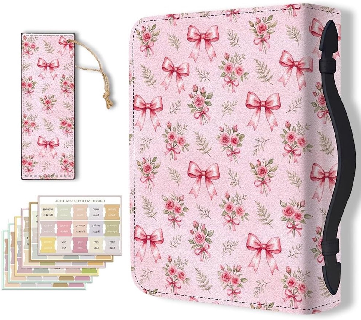 Lederen Bijbel Cover en Opbergtas met Bladwijzers en Tabs voor Vrouwen en Meisjes - Perfect voor Kerk en Bijbelstudie, Roze Thema met Bloemen en Boog