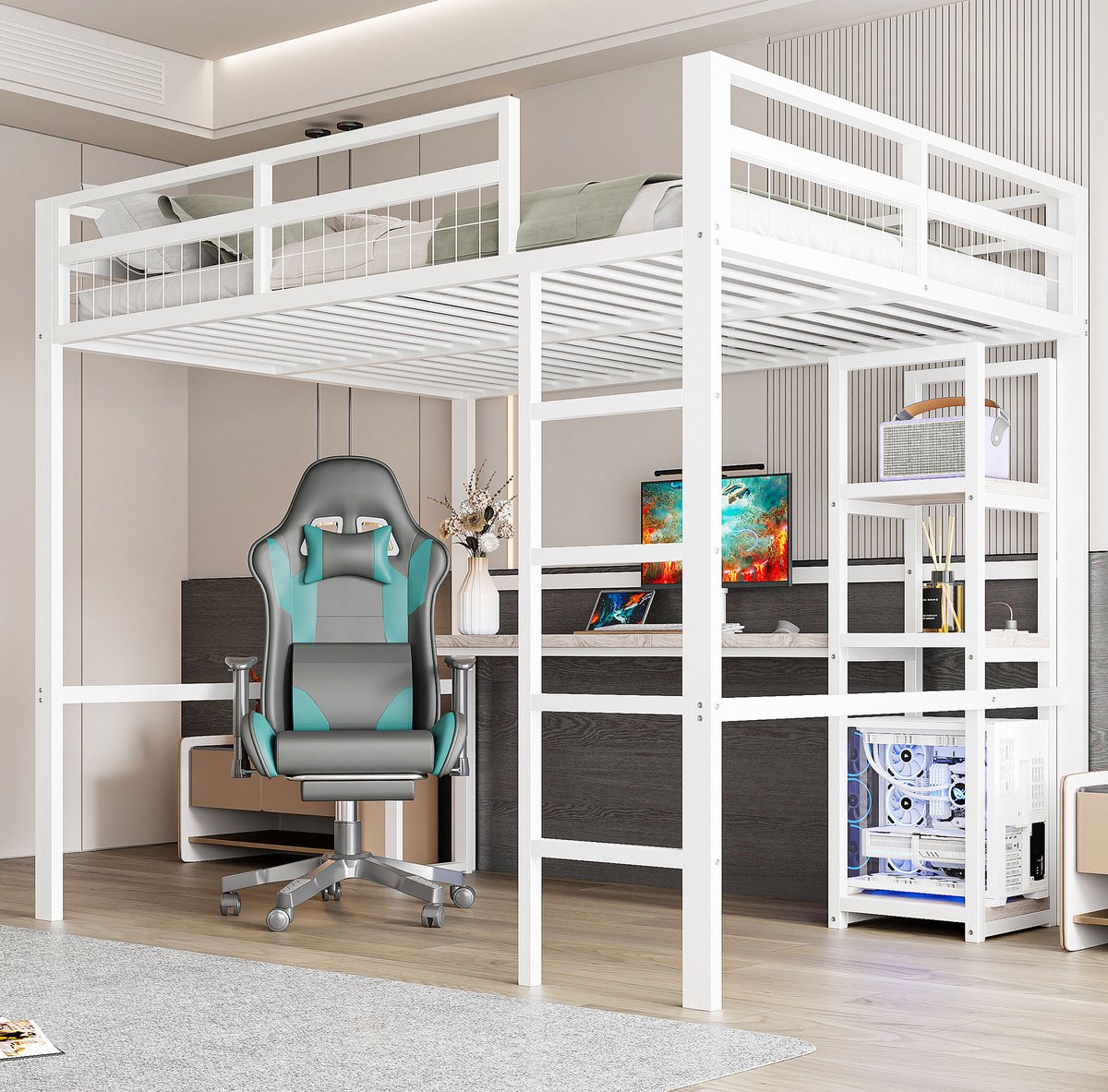 MEUNIQ hoogslaper 140 x 200 cm met bureau, meerdere opbergrekken, ladder en uitvalbeveiliging, metalen bedframe voor kinderkamer, wit