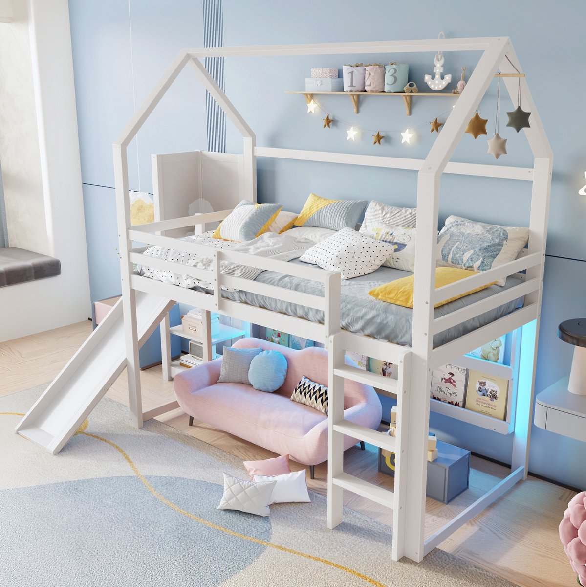 MEUNIQ hoogslaper 90 x 200 cm met glijbaan, LED-verlichting, huisvorm, opbergrekken en uitvalbeveiliging voor kinderkamer, wit