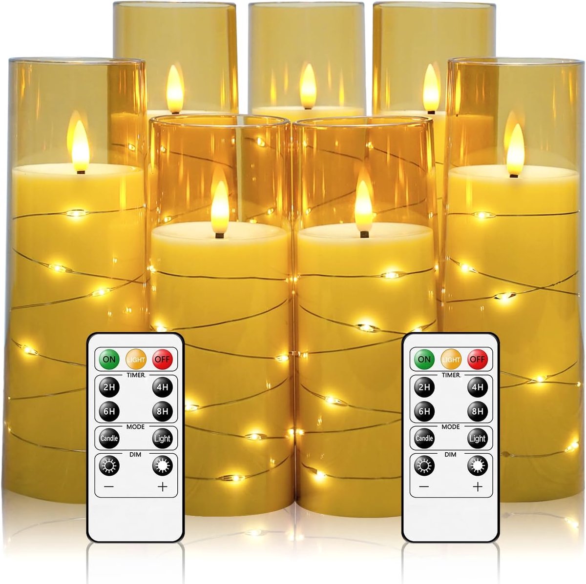 Vlamloze Kaarsen - LED Kaarsen Set - Sfeerverlichting Huis - Met Sterrenlicht Draad - 7 Stuks Goud - Goud