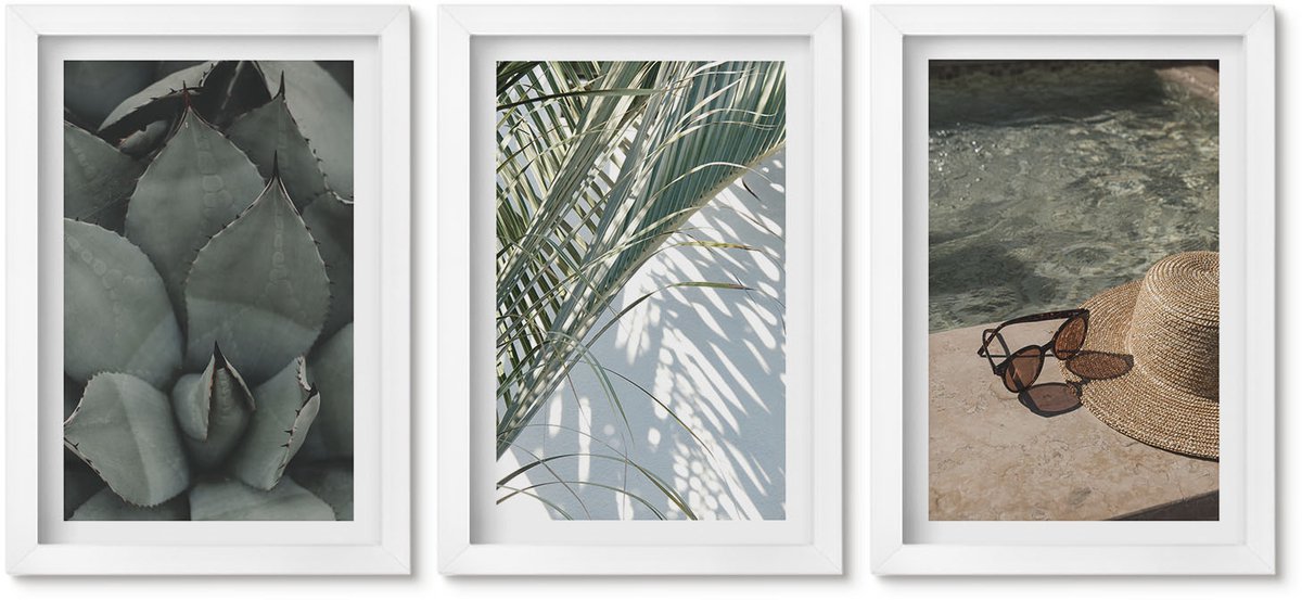 Wallfluent 3-Delige Schilderij Set - Tropische Planten En Zomerse Decoraties - 20 x 30 - Decoratieve Schilderijen - Wanddecoratie - Hal