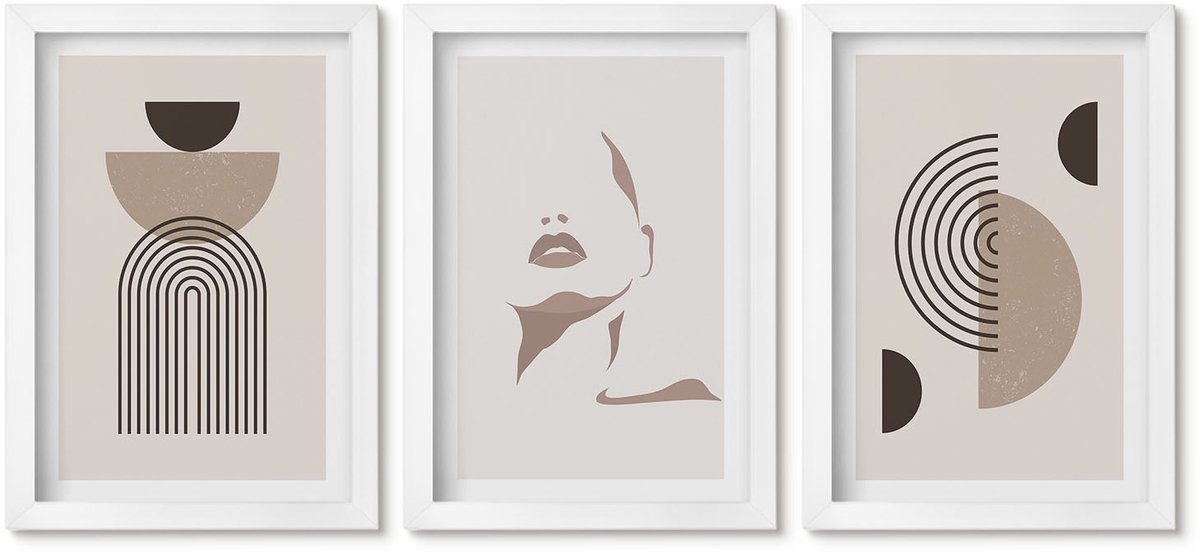 Wallfluent 3-Delige Schilderij Set - Abstracte Geometrische Vormen En Gezichtssilhouet - 20 x 30 - Muurdecoratie - Schilderijen Set - Woonkamer - Interieur Decoratie