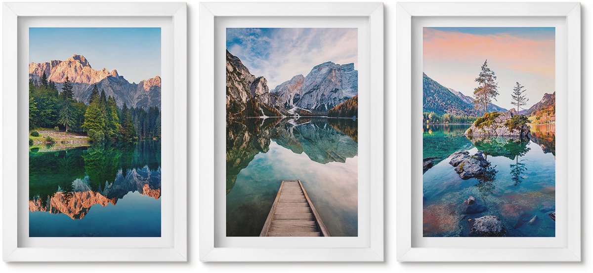 Wallfluent 3-Delige Schilderij Set - Bergmeren Met Weerspiegelingen In Het Water En Het Bos. - 20 x 30 - Wanddecoratie - Schilderijen Set - Kantoor - Woonkamer Decoratie