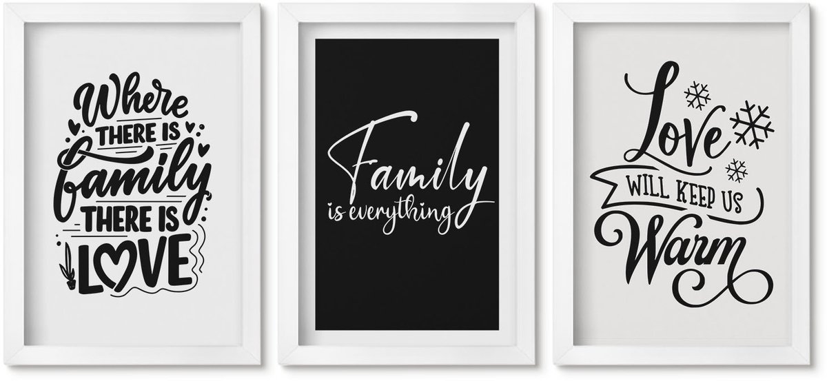 Wallfluent 3-Delige Schilderij Set - Familie, Liefde, Warmte, Thuis, Inspirerende Citaten - 20 x 30 - Wanddecoratie - Woonkamer Decoratie - Moderne Wanddecoratie